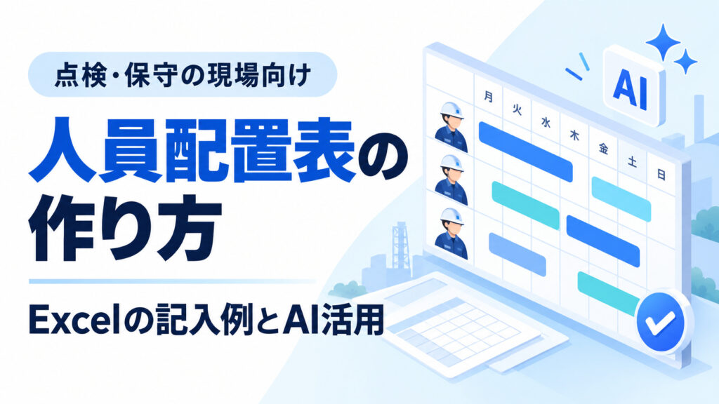 人員配置表の作り方：Excelの記入例とAI活用。作業員と配置スケジュールのイラスト。